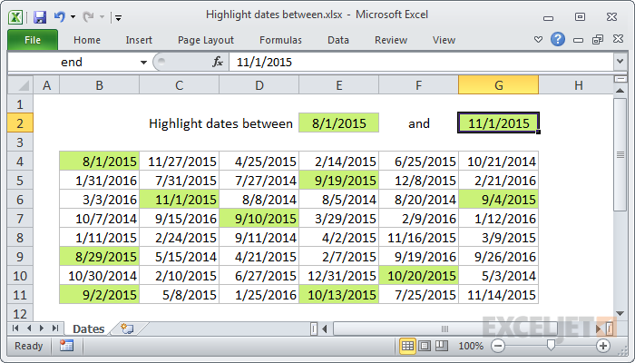 Excel formula: Highlight dates between