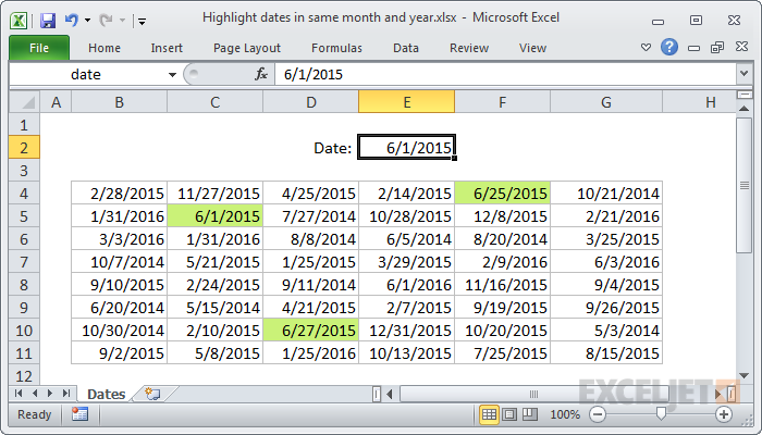 Excel formula: Highlight dates in same month and year