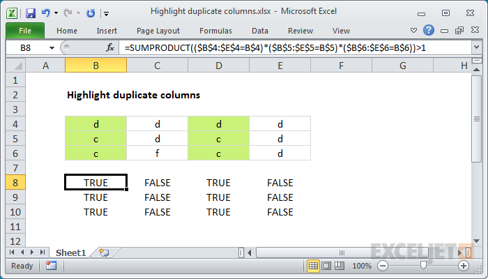 Excel formula: Highlight duplicate columns