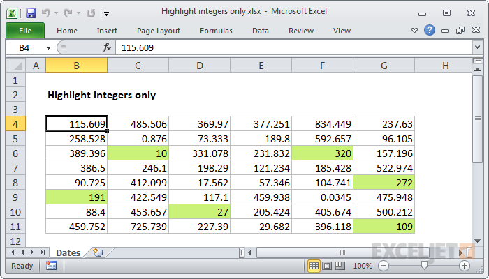 Excel formula: Highlight integers only