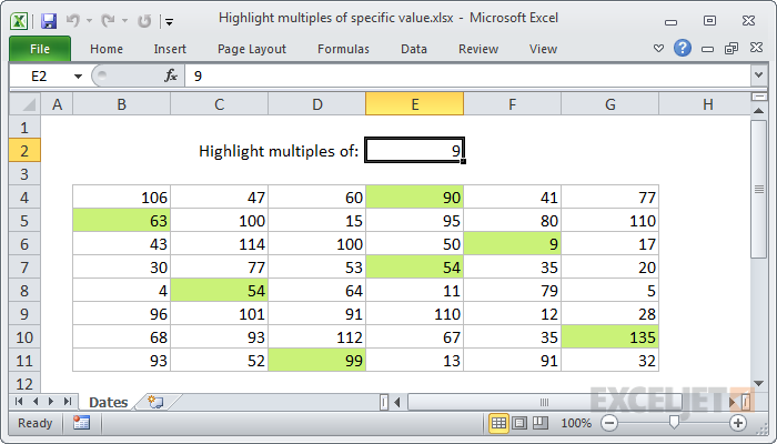Excel formula: Highlight multiples of specific value