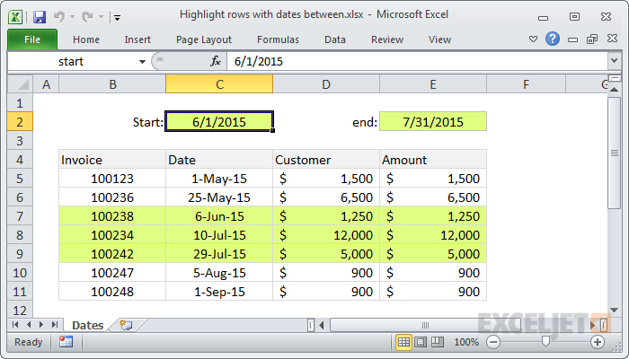 Excel formula: Highlight rows with dates between