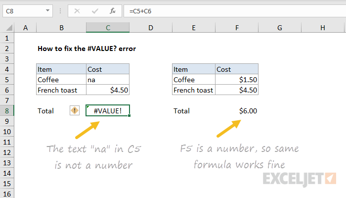 Excel formula: How to fix the #VALUE! error