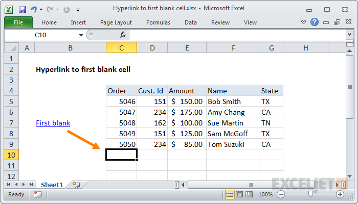 Excel formula: Hyperlink to first blank cell