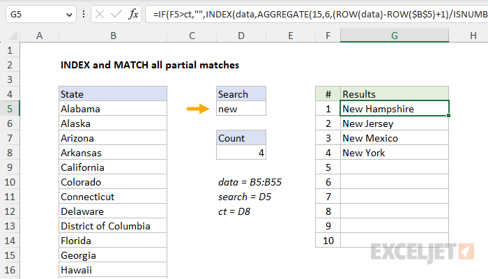 Excel formula: INDEX and MATCH all partial matches