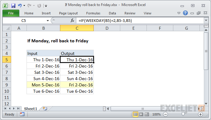 Excel formula: If Monday, roll back to Friday