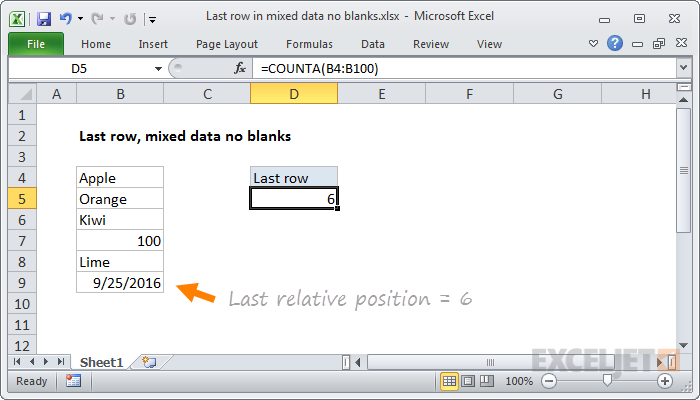 Excel formula: Last row in mixed data with no blanks