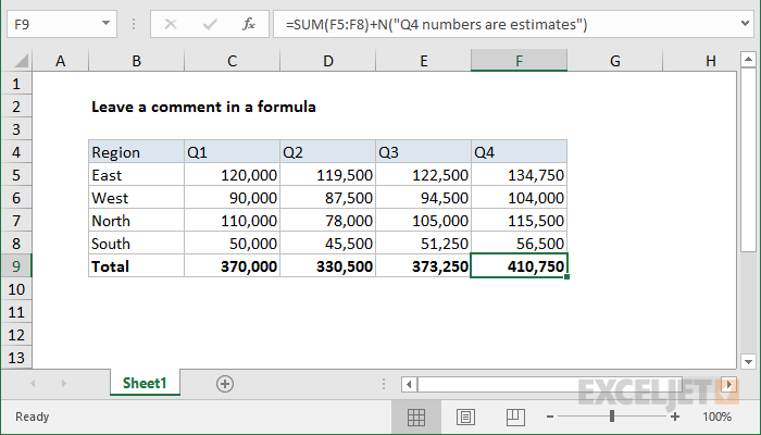 Excel formula: Leave a comment in a formula