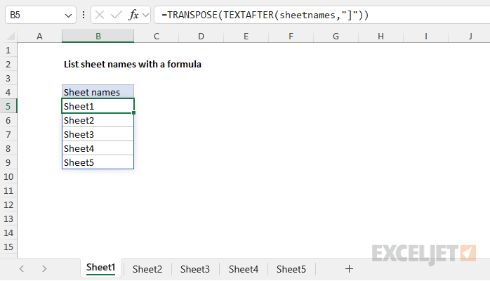 Excel formula: List sheet names with formula