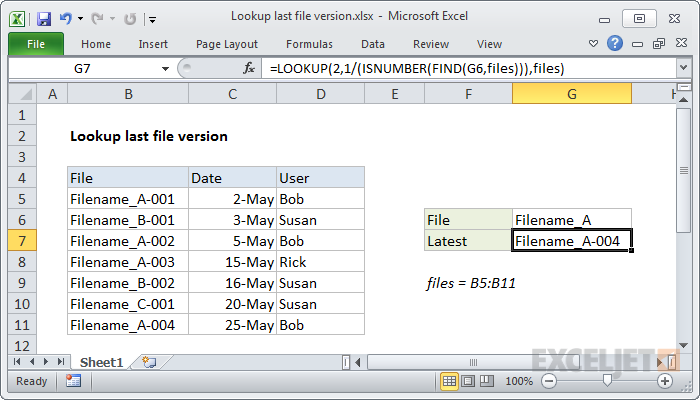 Excel formula: Lookup last file version