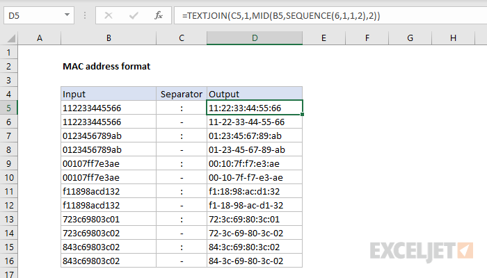 Excel formula: MAC address format