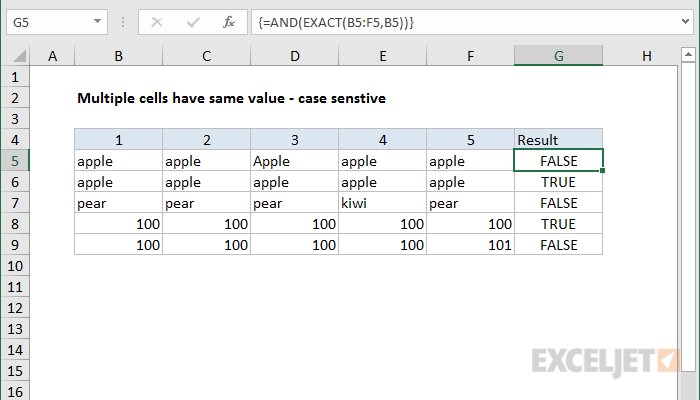 Excel formula: Multiple cells have same value case sensitive
