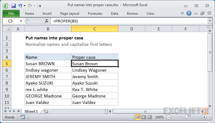 Excel formula: Put names into proper case