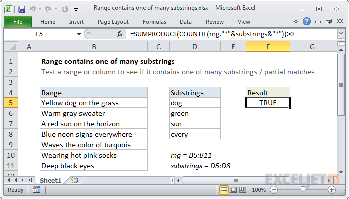 Excel formula: Range contains one of many substrings