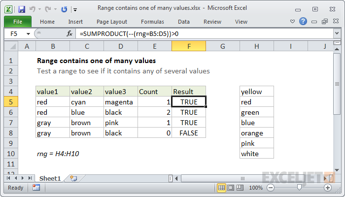 Excel formula: Range contains one of many values