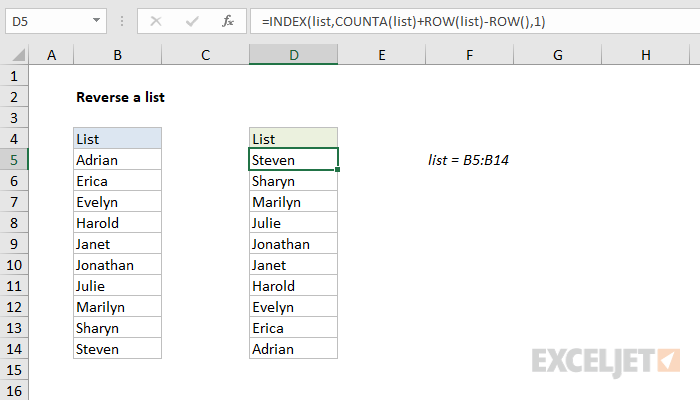 Excel formula: Reverse a list or range