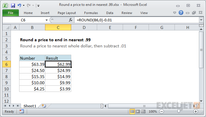 Excel formula: Round a price to end in .99