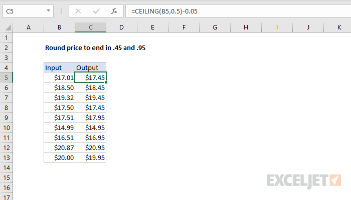 Excel formula: Round price to end in .45 or .95