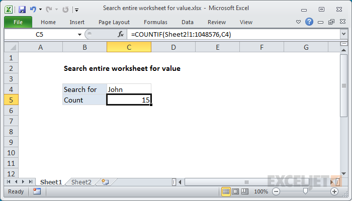 Excel formula: Search entire worksheet for value