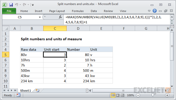 Excel formula: Split numbers from units of measure