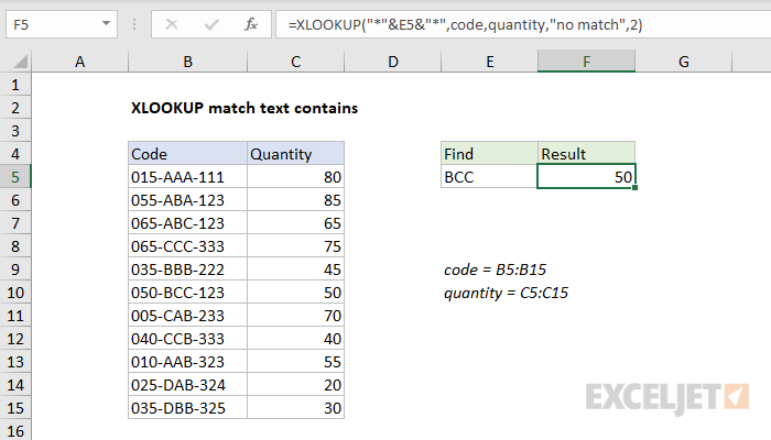 Excel formula: XLOOKUP match text contains