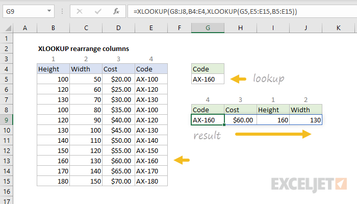 Excel formula: XLOOKUP rearrange columns