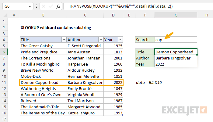 Excel formula: XLOOKUP wildcard contains substring