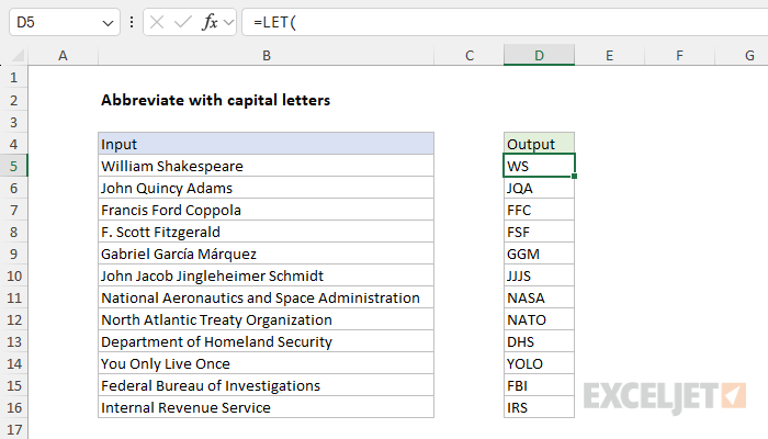 Excel formula: Abbreviate names or words