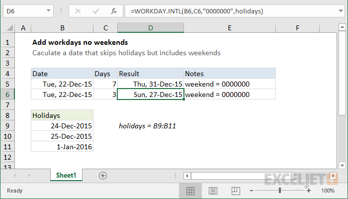 Excel formula: Add workdays no weekends