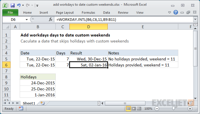 Excel formula: Add workdays to date custom weekends
