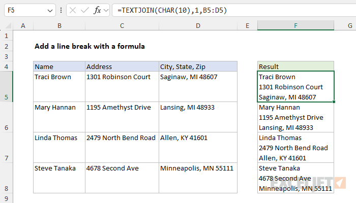 Excel formula: Add a line break with a formula