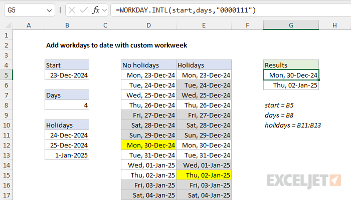 Excel formula: Add workdays to date custom workweek