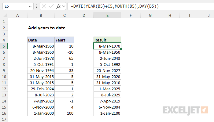 Excel formula: Add years to date