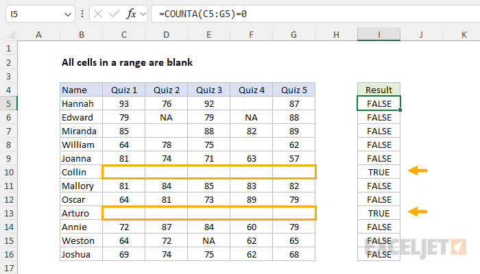 Excel formula: All cells in range are blank