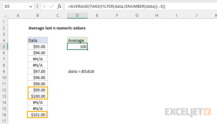 Excel formula: Average last 3 numeric values