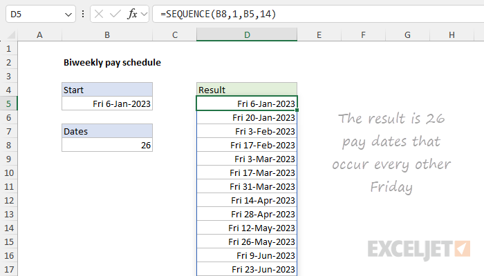Excel formula: Biweekly pay schedule