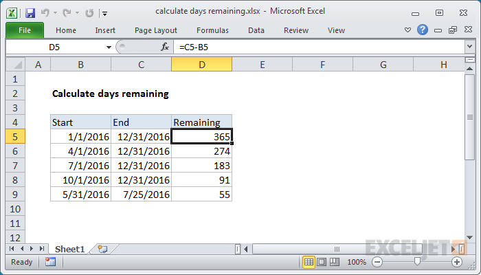 Excel formula: Calculate days remaining