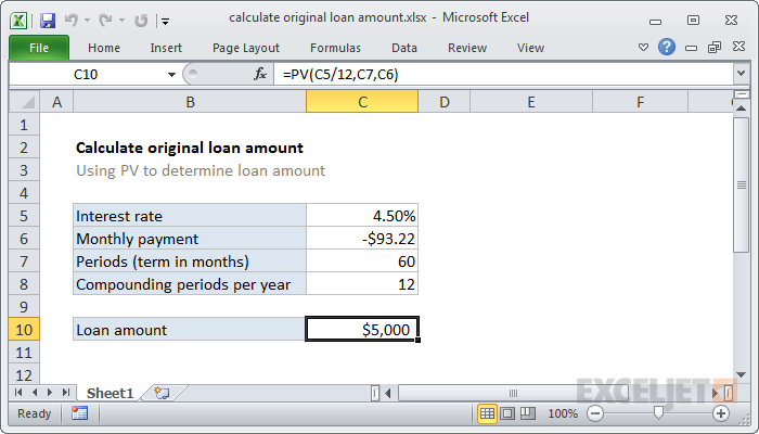 Excel formula: Calculate original loan amount