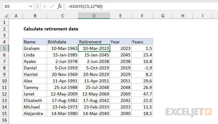 Calculate retirement date - Excel formula