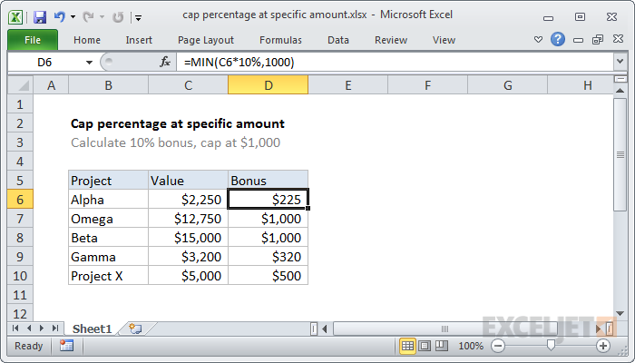 Excel formula: Cap percentage at specific amount