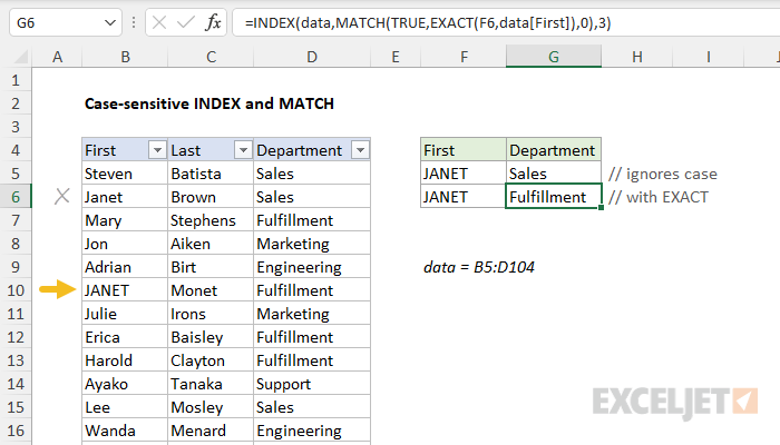 Excel formula: INDEX and MATCH case-sensitive 