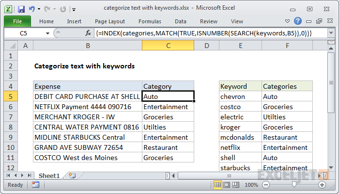 Excel formula: Categorize text with keywords