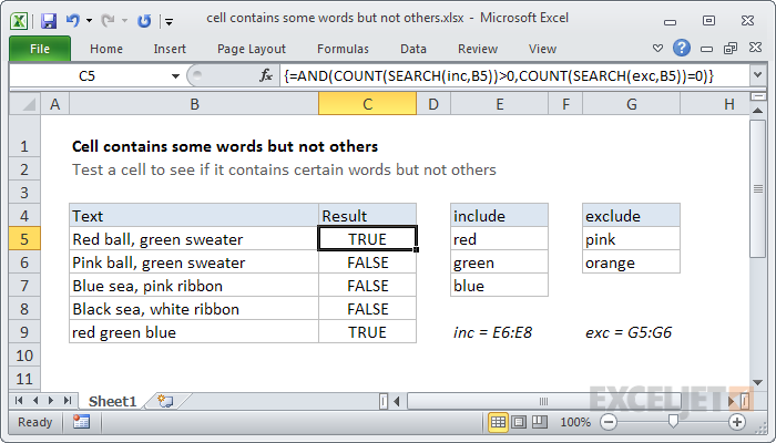 Excel formula: Cell contains some words but not others