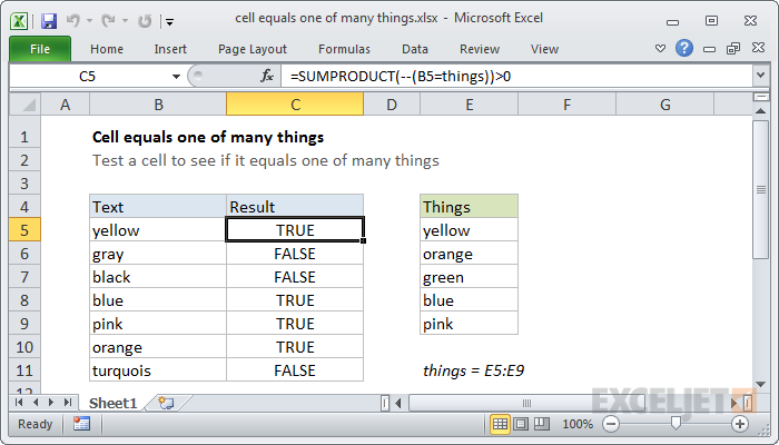 Excel formula: Cell equals one of many things