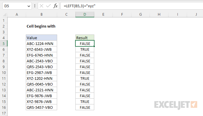 Excel formula: Cell begins with