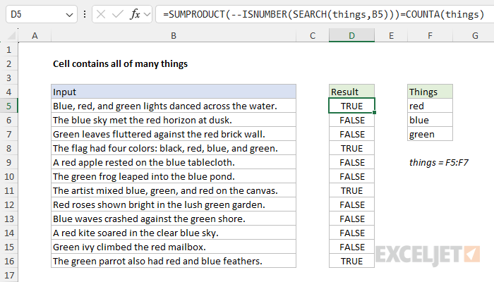 Excel formula: Cell contains all of many things