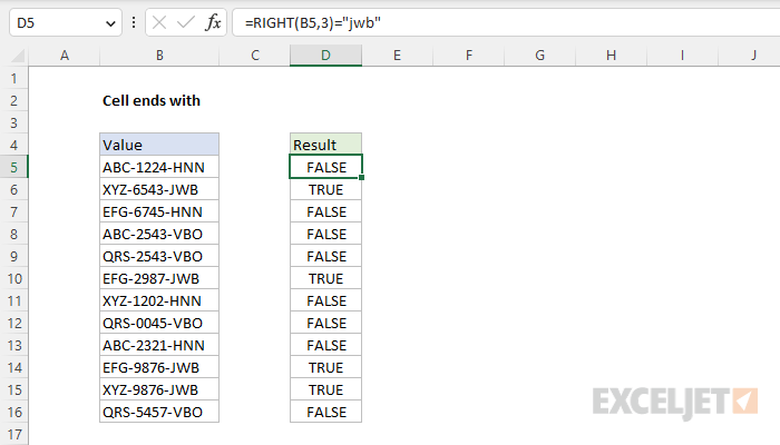 Excel formula: Cell ends with