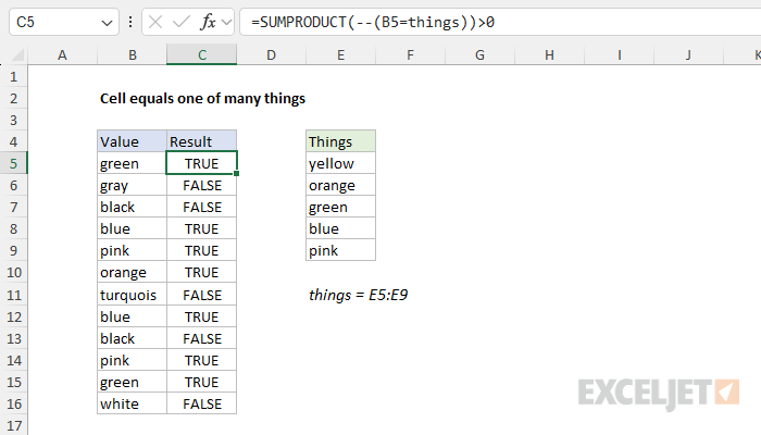 Excel formula: Cell equals one of many things