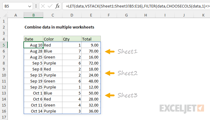 Excel formula: Combine data in multiple worksheets