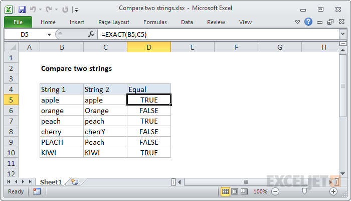 Excel formula: Compare two strings